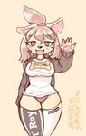 anthro clothing female hair hoodie legwear logo looking_at_viewer milk_bone open_mouth pawpads pink_hair ponytail raised_arm shirt smile solo t-shirt text text_on_clothing text_on_legwear text_on_shirt text_on_thigh_highs text_on_topwear thigh_highs topwear blasticussaturn purina biscuit_(blasticussaturn) canid canine canis domestic_dog mammal 2022 english_text hi_res