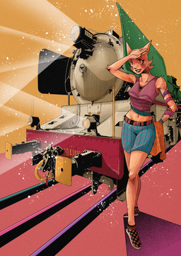 anthro bottomwear cheek_markings clothing detailed_background eyelashes facial_markings female footwear head_markings lips locomotive markings navel orange_body pose railway_track shoes skirt solo topwear train tuft vehicle paisleyrose103 pink_among_blood_red_roses rose_paisley canid canine canis mammal wolf absurd_res digital_drawing_(artwork) digital_media_(artwork) hatching_(art) hi_res shaded