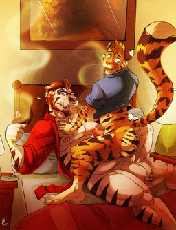 age_difference anthro anthro_on_anthro ashtray balls bathrobe beard bed big_penis bodily_fluids bottomless butt clothed clothing cum cum_on_chest duo ear_piercing erection eyewear facial_hair facial_piercing fangs foreskin fur furniture genital_fluids genital_piercing genitals glasses hair humanoid_genitalia humanoid_penis lamp long_penis male male/male male_on_bottom male_on_top mostly_nude muscular nipple_piercing nipples nose_piercing nose_ring nude on_bottom on_top open_clothing open_mouth open_robe open_shirt open_topwear partially_retracted_foreskin pec_grab pecs penis penis_piercing piercing pipe precum prince_albert_piercing retracted_foreskin ring_piercing robe scrotum_piercing septum_piercing sharp_teeth shirt smoke smoking smoking_pipe straddling stripes teeth thick_penis tongue topwear donryu vex_(donryu) domestic_cat felid feline felis mammal pantherine tiger hi_res