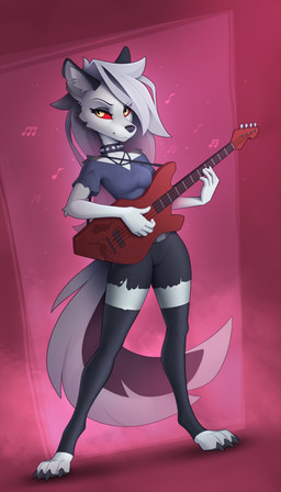 4_toes 5_fingers anthro bass_guitar claws clothing collar feet female fingers guitar hair holding_musical_instrument holding_object inner_ear_fluff legwear long_hair musical_instrument plucked_string_instrument red_sclera smile solo spiked_collar spikes string_instrument toe_claws toes topwear tuft yakovlev-vad hellaverse helluva_boss mythology loona_(helluva_boss) canid canid_demon canine demon hellhound mammal mythological_canine mythological_creature 2022 absurd_res digital_media_(artwork) hi_res