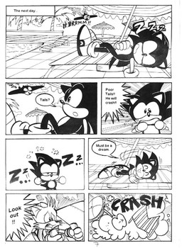 anthro beach_umbrella biped crash dialogue male palm_tree parasol plant plantigrade pointy_speech_bubble sleeping sound_effects speech_bubble text tornado_(aircraft) tree vowelless vowelless_sound_effect zzz ayamepso sega sonic_the_hedgehog_(series) miles_prower sonic_the_hedgehog canid canine eulipotyphlan fox hedgehog mammal black_and_white comic digital_drawing_(artwork) digital_media_(artwork) line_art monochrome translated
