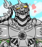 anthro armor bodily_fluids breastplate chest_anus chest_armor chest_grab genitals heart_symbol machine male mecha saliva saliva_on_tongue saliva_string solo tongue tongue_out unusual_anatomy yellow_eyes momu9172 godzilla_(series) toho kiryu_(godzilla) mechagodzilla kaiju mechanical_dragon robot