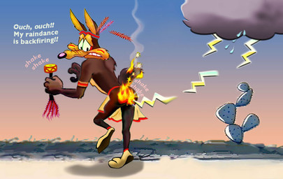 4_fingers abstract_background accessory anthro arm_tuft armband athletic athletic_anthro athletic_male back_muscles back_tuft backfire bare_butt belly bent_leg biped black_eyes black_nose bouncing_butt breechcloth brown_body brown_fur bubble_butt butt butt_jiggle butt_on_fire butt_torture butthurt cactus chest_tuft clothed clothing cloud countershade_torso countershading dancing desert dialogue elbow_tuft electricity eyebrows fingers fire fur grass headband holding_rattle humanoid_hands jiggling lightning lightning_bolt looking_at_own_butt looking_back_at_self loose_feather male moccasins mostly_nude multicolored_body multicolored_fur native_american_clothing outside pain paws plant plantigrade pose raindrop raining raised_heel raised_tail rattle rear_view red_headband sand shadow shocked shoulder_blades shoulder_tuft skimpy skinny smoke solo sound_effects spine star_symbol tail tail_on_fire tan_belly tan_body tan_eyebrows tan_fur tattoo text tiptoes torture tribal tribal_clothing tribal_outfit tribal_tattoo tuft two_tone_body two_tone_fur white_sclera white_text wide_eyed zapped mreiof looney_tunes warner_brothers wile_e._coyote canid canine canis coyote mammal 2013 colored detailed digital_drawing_(artwork) digital_media_(artwork) digital_painting_(artwork) english_text painting_(artwork) pinup shaded