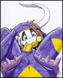 anthro black_body black_border bodily_fluids body_spikes border brown_hair duo fellatio female first_person_view genital_piercing genitals glans hair hand_on_head humanoid_genitalia humanoid_penis male markings multicolored_body oral penile penis penis_piercing piercing purple_body saliva saliva_on_penis sex snout vein veiny_penis yellow_body silvolf nintendo pokemon amped_toxtricity generation_8_pokemon pokemon_(species) reptile scalie toxtricity 2021 colored_pencil_(artwork) dated hi_res traditional_media_(artwork)