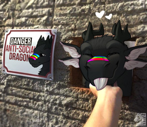 4_ears antlers black_antlers black_body black_fur black_horn black_sclera blep blue_markings concrete_wall feral fur green_markings happy headpat heart_symbol horn looking_at_viewer male markings multi_ear pink_markings red_markings sad sign solo text tongue tongue_out wall_(structure) white_body white_eyes white_fur yellow_markings zyria mythology rafa-br34 dragon furred_dragon furred_scalie mythological_creature mythological_scalie scalie draw_over english_text signature