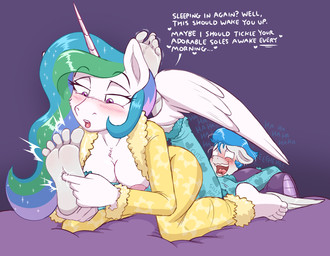5_fingers 5_toes anthro areola barefoot bathrobe blush breasts clothing dialogue dominant dominant_female duo feet female fingers humanoid_feet male male/female nipples plantigrade robe soles text tickling tickling_feet toes caroo friendship_is_magic hasbro my_little_pony dreamy_daze_(oc) fan_character princess_celestia_(mlp) equid equine hybrid mammal colored english_text hi_res restricted_palette