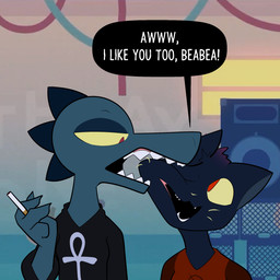 anthro cheek_bite cigarette clothed clothed_anthro clothed_female clothing duo female female/female head_spines head_tuft looking_at_another one_eye_closed open_mouth open_smile red_eyes screencap screencap_background sharp_teeth smile speech_bubble teeth text tuft bran-draws-things night_in_the_woods bea_santello mae_borowski crocodile crocodilian domestic_cat felid feline felis mammal reptile scalie 1:1 2018 digital_drawing_(artwork) digital_media_(artwork) english_text hi_res