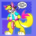 anthro balls big_feet bottomless bottomless_male clothed clothing digitigrade feet genitals glans hat headgear headwear humanoid_genitalia humanoid_penis male penis pubes saggy_balls solo speech_bubble text yellow_body johnnyjellyjaw jay_(fizzyjay) canid canine mammal english_text