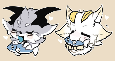 3_fingers ambiguous_gender cute_fangs duo eyes_closed fangs feral fingers food fur grey_body grey_fur heart_symbol horn nom open_mouth paws satisfied teeth white_body white_fur yellow_body yellow_fur nagi_onemu mythology aquatic dragon fish furred_dragon furred_scalie mythological_creature mythological_scalie scalie 2022 absurd_res headshot_portrait hi_res portrait