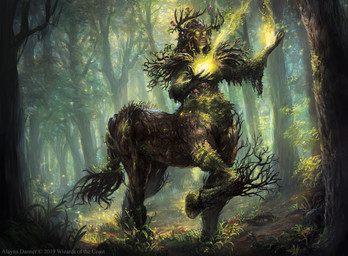 antlers casting_spell detailed_background forest hooves horn leaf magic male outside plant solo standing tail tree alayna_danner hasbro magic:_the_gathering mythology wizards_of_the_coast elemental_creature equid equid_taur flora_fauna humanoid_taur mammal mammal_taur taur 2019 hi_res official_art