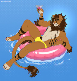 anthro breasts brown_body brown_fur brown_mane brown_tuft bulge cocktail_glass container countershading cup drinking_glass fur glass glass_container glass_cup hair holding_glass holding_object lying male mane muscular nipples on_back pink_nipples pubes smile solo tail tail_tuft tan_body tan_countershading tan_fur tuft water kicoffe felid lion mammal pantherine digital_media_(artwork) hi_res