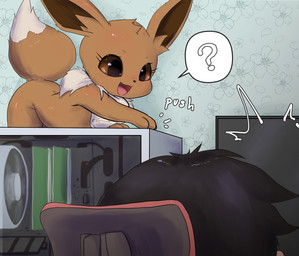 accident black_hair brown_body brown_fur chest_tuft computer electronics female feral fur hair multicolored_body multicolored_fur question_mark tuft two_tone_body two_tone_fur white_body white_fur ehada nintendo pokemon eevee generation_1_pokemon human mammal pokemon_(species) hi_res