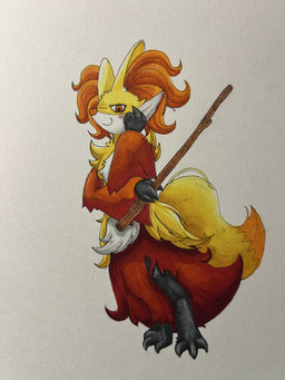 3_fingers 3_toes anthro arm_tuft biped black_body black_fur blush blush_lines blush_stickers breasts cheek_tuft chest_tuft digitigrade dipstick_tail dutch_angle facial_tuft feet female female_anthro fingers fluffy fluffy_tail front_view fur holding_object holding_stick inner_ear_fluff looking_at_viewer markings multicolored_body multicolored_fur nude orange_body orange_eyes orange_fur orange_nose pointy_ears prick_ears red_body red_fur shoulder_tuft simple_background small_breasts smile solo stick tail tail_markings toes tuft white_background white_body white_fur yellow_body yellow_fur stuffmadebymelol nintendo pokemon canid delphox generation_6_pokemon mammal pokemon_(species) 2026 3:4 full-length_portrait hi_res marker_(artwork) portrait traditional_media_(artwork)