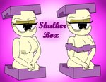 anthro bald belly big_breasts box breasts clothing container covering covering_breasts covering_crotch eye_bags eyelashes female hat headgear headwear legless mouthless navel nipples pie_cut_eyes shulker_box simple_background solo crazy_8_animations microsoft minecraft mojang xbox_game_studios alien shulker digital_media_(artwork)