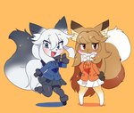 anthro blue_clothing blue_eyes bottomwear bow_tie brown_body brown_eyes brown_fur clothing dipstick_tail duo female female_anthro fur gloves_(marking) grey_body grey_fur hair jacket leg_markings looking_at_viewer markings orange_clothing simple_background skirt socks_(marking) standing tail tail_markings topwear white_body white_fur conditional_dnp fiddleafox kemono_friends averi_(fiddleafox) micha_(fiddleafox) canid canine fox mammal red_fox true_fox