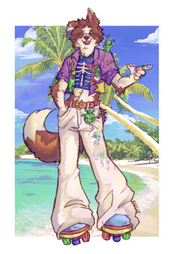 alternative_fashion anthro beach belt_accessory clothed clothing footwear fur legwear male markings outside piercing roller_skates sand seaside smile solo standing tail teeth topwear water supimpaws alien border_collie canid canine canis collie domestic_dog herding_dog mammal pastoral_dog sheepdog absurd_res digital_media_(artwork) hi_res
