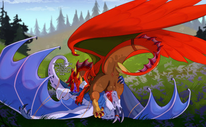 69_position animal_genitalia anus balls blue_body blue_eyes blue_sky bodily_fluids claws cloud cum cum_in_mouth cum_inside detailed_background dialogue duo erection fellatio feral feral_on_feral genital_fluids genital_slit genitals horn lying male male/male male_feral male_on_bottom male_on_top mutual_fellatio mutual_oral non-mammal_balls on_back on_bottom on_top oral outside outside_sex penile penis penis_in_mouth plant purple_penis red_body red_penis sex sharp_teeth sky tail talking_feral teeth text tongue tree white_body wings owishka european_mythology mythology dragon mythological_creature mythological_scalie scalie western_dragon wyvern english_text hi_res