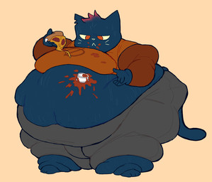 4_toes 5_fingers anthro belly big_belly blue_body blue_fur blue_nose bottomwear breasts clothed clothing container cup feet female fingers food fur holding_food holding_object huge_belly messy morbidly_obese morbidly_obese_anthro morbidly_obese_female notched_ear obese obese_anthro obese_female overweight overweight_anthro overweight_female pants pizza red_eyes sauce shirt simple_background solo standing tail tan_background toes topwear whiskers aquamix night_in_the_woods mae_borowski domestic_cat felid feline felis mammal