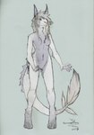 anthro breasts digitigrade featureless_breasts featureless_crotch female fur grey_body grey_fur hair long_hair mouth_piercing nude simple_background solo standing tail tail_tuft tuft iluq mythology lilana_rose canid canine dragon fox furred_dragon furred_scalie mammal mythological_creature mythological_scalie scalie 2012 signature traditional_media_(artwork)