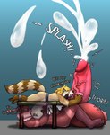 anthro ball_lick balls big_balls big_penis blonde_hair bodily_fluids brown_body brown_fur butt cum duo ejaculation excessive_cum excessive_genital_fluids fur furniture genital_fluids genitals green_eyes hair huge_balls huge_penis hyper hyper_balls hyper_genitalia hyper_penis leaking_cum licking lying male male/male markings nude on_back oral penile penis penis_lick penis_size_difference pink_eyes red_hair restrained restraints sex small_penis striped_markings striped_tail stripes table tail tail_markings tongue yellow_body yellow_fur ngusommm chips_savacha kirione domestic_ferret hybrid mammal mustelid musteline procyonid raccoon stoat true_musteline weasel absurd_res hi_res