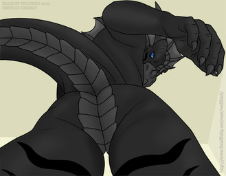 anthro black_body butt claws first_person_view looking_at_viewer low-angle_view male muscular muscular_anthro muscular_male nude solo stripes tail text worm's-eye_view year wolfbird_(artist) mythology nephis dragon hybrid mythological_creature mythological_scalie scalie 2009 url