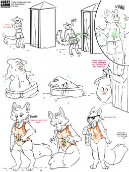 anthro anthro_to_inanimate beach clothing clothing_transformation duo female goo_transformation inanimate_transformation loss_of_self male male/female potion seaside shrinking size_transformation swimwear text transformation conditional_dnp lustylamb lettuceheads animate_inanimate canid canine domestic_cat felid feline felis fox mammal 3:4 english_text hi_res
