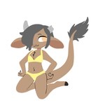 anthro big_tail bikini biped broken_horn brown_body brown_fur chest_tuft claws clothed clothing female flat_chested fur grey_hair grey_horn hair hooves horn kneeling looking_at_viewer navel orange_eyes simple_background smile solo swimwear tail tuft two-piece_swimsuit white_background yellow_bikini yellow_clothing yellow_swimwear manitka manitka_(character) bovid bovine cattle mammal 1:1 2024 digital_media_(artwork) hi_res