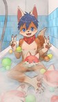 4_toes 5_fingers anthro areola ball balls bangs bathing bathtub biped black_claws blue_eyes blue_hair blue_nose blush blush_lines claws convenient_censorship countershade_face countershade_fur countershade_torso countershading crossed_ankles dipstick_tail eyebrows fangs feet finger_claws fingerpads fingers front_view fur genitals gesture gloves_(marking) hair hair_between_eyes hand_gesture heel_pad inside kemono kerchief kerchief_only leg_markings long_tail looking_at_viewer male male_anthro markings mostly_nude mostly_nude_anthro mostly_nude_male multicolored_body multicolored_fur neckerchief neckerchief_only neckwear nipples no_pupils open_mouth open_smile partially_submerged pawpads pink_areola pink_inner_ear pink_nipples pink_pawpads pink_tongue plantigrade plantigrade_pawpads red_kerchief red_neckerchief short_hair shota smile smiling_at_viewer socks_(marking) solo spread_toes tail tail_markings teeth tile tile_wall toe_claws toes tongue two_tone_body two_tone_fur v_sign wall_(structure) water wet wet_body wet_fur wet_hair white_balls white_body white_countershading white_ears white_eyebrows white_fur white_markings white_tail_tip young young_anthro young_male tadow yor_(tadow) canid canine fox mammal full-length_portrait hi_res portrait