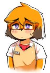 anthro biped black_nose blush brown_hair clothed clothing countershading eyewear female flat_chested floppy_ears fully_clothed fur glasses hair looking_at_viewer multicolored_body multicolored_fur multicolored_hair name_tag orange_body orange_fur orange_hair purple_eyes school_uniform shirt short_hair simple_background solo standing tan_body tan_fur text topwear two_tone_body two_tone_fur two_tone_hair uniform vest white_background white_clothing white_shirt white_topwear berseepon09 dog_girl_(berseepon09) canid canine canis domestic_dog mammal absurd_res half-length_portrait hi_res japanese_text portrait sketch translated