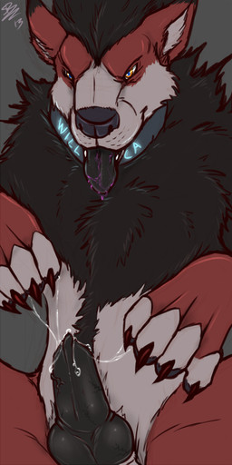 animal_genitalia animal_penis balls black_body black_fur black_penis black_tongue bodily_fluids canine_genitalia canine_penis claws collar cum erection feral fur genital_fluids genitals grey_background knot knotted_penis looking_at_viewer male male_feral orange_eyes penis red_body red_fur saliva simple_background solo tongue tongue_out vein veiny_penis white_body white_fur deezmo canid canine mammal 1:2 2013 hi_res