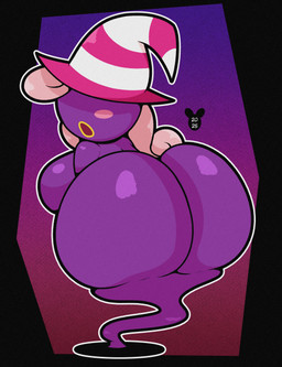 big_breasts big_butt breasts butt cheek_spots clothing female hair hat headgear headwear huge_butt lips looking_back purple_body rear_view solo yellow_lips luanctoons mario_bros nintendo paper_mario vivian_(mario) ghost humanoid spirit 2025 absurd_res hi_res