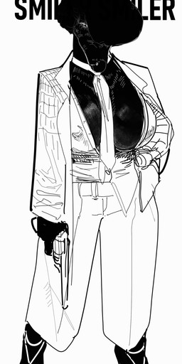 accessory anthro big_breasts black_body black_fur black_hair bottomwear breasts clothed clothing collared_shirt dress_shirt feet female footwear fur gun hair hand_on_hip handgun high_heels holding_object holding_weapon huge_breasts humanoid_feet jacket long_nails looking_at_viewer necktie nipple_outline one_eye_obstructed open_clothing open_shirt open_topwear pants plantigrade platform_footwear platform_heels ranged_weapon revolver shirt shoes solo text topwear weapon brothersmiler trilla_(brothersmiler) canid canine canis domestic_dog mammal poodle absurd_res black_and_white hi_res monochrome sketch
