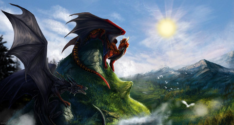 amazing_background day detailed_background duo feral grass horn membrane_(anatomy) membranous_wings moss open_mouth outside plant red_eyes sky sun tail teeth wings isvoc mythology dragon mythological_creature mythological_scalie scalie detailed digital_media_(artwork)