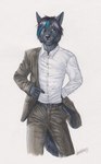 anthro belt black_body black_fur black_hair blue_eyes clothing dress_pants dress_shirt dressing dressing_self ear_piercing ear_ring eyebrow_through_hair eyebrows fur hair highlights_(coloring) looking_aside male piercing ring_piercing shirt solo suit_jacket topwear translucent translucent_hair gaikotsu airam canid canine canis mammal wolf 2023 hi_res portrait signature traditional_media_(artwork)