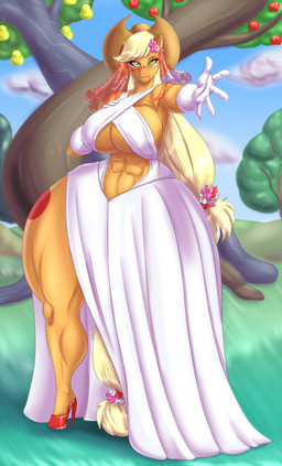 5_fingers abs anthro anthrofied apple_tree armwear big_breasts blonde_mane blue_sky blush blush_lines breasts cleavage_cutout clothing cowboy_hat curvy_figure cutie_mark cutout day detailed_background dress elbow_gloves eyelashes female fingers flower_in_mane fluffy fluffy_tail footwear freckled_face freckles front_view fruit_tree fur gloves green_eyes handwear hat headgear headwear high_heels huge_breasts huge_hips huge_thighs long_mane long_tail looking_at_viewer mane muscular muscular_anthro muscular_female muscular_thighs offering_hand offering_hand_to_viewer orange_body orange_fur outside plant red_clothing red_footwear red_high_heels shoes sky solo tail thick_thighs tree voluptuous voluptuous_anthro voluptuous_female wedding_dress wedding_veil white_clothing white_gloves white_handwear wide_hipped_anthro wide_hipped_female wide_hips yellow_tail blues64 marauder6272 friendship_is_magic hasbro my_little_pony applejack_(mlp) earth_pony equid equine horse mammal pony 2025 absurd_res digital_drawing_(artwork) digital_media_(artwork) hi_res