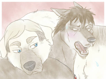 ambiguous_gender black_hair black_nose blonde_hair blue_eyes blush duo eyebrows feral feral_with_hair feralized fur grey_body grey_fur hair open_mouth sharp_teeth teeth thick_eyebrows white_body white_fur mizzkie attack_on_titan erwin_smith nile_dawk canid canine canis domestic_dog kangal livestock_guardian_dog mammal manchester_terrier molosser mountain_dog pastoral_dog 2017 4:3 low_res