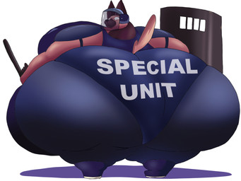 anthro baton big_breasts big_butt black_nose blue_bottomwear blue_clothing blue_footwear blue_pants blue_shirt blue_shoes blue_topwear bottomwear breasts brown_body brown_ears brown_eyes brown_inner_ear brown_tail butt clothing female footwear huge_breasts huge_butt hyper hyper_breasts hyper_butt morbidly_obese morbidly_obese_anthro morbidly_obese_female obese obese_anthro obese_female overweight overweight_anthro overweight_female pants police police_uniform rear_view riot_shield sharp_teeth shirt shoes simple_background solo tail teeth text tight_clothing topwear uniform white_background adansin unit-k9_(adansin) canid canine canis domestic_dog german_shepherd herding_dog mammal pastoral_dog 2024 4:3 colored digital_media_(artwork) english_text hi_res shaded