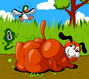 3_toes abdominal_bulge ambiguous_feral ambiguous_gender beak belly big_belly bill_(anatomy) black_body black_nose brown_body butt cloud collar digestion digestion_noises feet feral grass green_body markings membrane_(anatomy) neck_markings neck_ring one_eye_closed plant quadruped same_size_vore slosh sloshing_belly struggling struggling_prey surprised tail teeth thick_thighs toes tree vore webbed_feet whisker_spots white_body white_snout wings obscureanon duck_hunt nintendo duck_hunt_dog duck_hunt_duck 2025 digital_media_(artwork) hi_res pixel_(artwork)