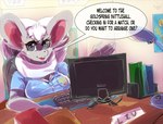absurd_res anthro big_breasts book breasts cinccino clothed clothing computer desk electronics english_text female fur furniture generation_5_pokemon hi_res keyboard lovespell nintendo pokemon pokemon_(species) solo speech_bubble table text