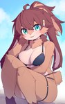 anthro bikini bikini_bottom bikini_top blush breasts brown_body brown_fur brown_hair brown_tail clothed clothed_anthro clothed_female clothing cloud countershade_torso countershading day female floppy_ears front_view fur green_eyes hair long_ears looking_at_viewer open_mouth outside sitting sky smile solo swimwear tail tongue two-piece_swimsuit devil-vox star_wars star_wars_visions lop_(star_wars_visions) lagomorph lepi leporid mammal rabbit 2024 absurd_res digital_media_(artwork) hi_res