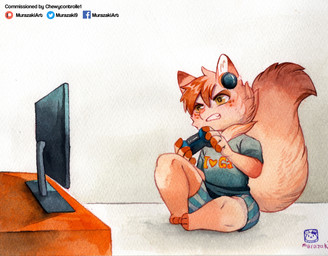 anthro biped blush bottomwear cheek_tuft chibi clothing controller facial_tuft fluffy fluffy_tail fur game_controller hair male open_mouth shirt shorts sitting solo t-shirt tail text text_on_clothing topwear tuft murazaki canid canine mammal 2020 hi_res painting_(artwork) traditional_media_(artwork) traditional_painting_(artwork) traditional_watercolor_(artwork) watercolor_(artwork)
