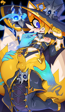 anthro balls blue_eyes blush clothing femboy foreskin fur genitals hat headgear headwear humanoid_genitalia humanoid_penis male nipples penis white_body white_fur witch_hat yellow_body yellow_fur krokobyaka sega sonic_the_hedgehog_(series) miles_prower canid canine fox mammal 2025 hi_res