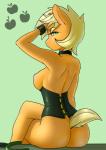 2017 absurd_res anthro anthrofied applejack_(mlp) biped breasts butt clothing conditional_dnp corset crossed_legs earth_pony equid equine female freckles friendship_is_magic hair hasbro hi_res horse lingerie looking_at_viewer looking_back mammal my_little_pony nipples pony pudgeruffian rear_view sitting solo topwear