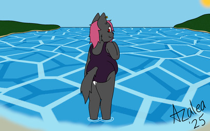 anthro beach belly big_belly butt clothing ear_piercing female one-piece_swimsuit outside overweight overweight_anthro piercing sea seaside swimwear water flamingazalea alexandra_fire_(flamingazalea) canid canine canis mammal wolf 16:10 hi_res widescreen