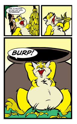 anthro banana banana_peel cauldron dialogue eating food fruit fur grass male overweight overweight_anthro overweight_male palm_tree plant solo speech_bubble stuffing text tree yellow_body yellow_fur dutch_(artist) mammal procyonid raccoon 2011 colored comic english_text