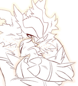 ambiguous_gender anthro blush duo eyes_closed hug pseudo_hair pseudo_mane simple_background white_background moocow nintendo pokemon domestic_pig emboar generation_5_pokemon mammal mienshao pokemon_(species) suid suine sus_(pig)