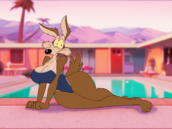 anthro big_breasts breasts brown_body brown_fur clothing crossgender female fluffy fluffy_tail fur looking_at_viewer mtf_crossgender nipple_outline one-piece_swimsuit poolside solo swimwear tail thick_thighs wide_hips dracojeff looney_tunes warner_brothers wile_e._coyote canid canine canis coyote mammal 2024 4:3