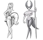 2_horns antennae_(anatomy) belly big_breasts black_eyes breasts butt clothed clothing duo female front_view genitals holding_object holding_weapon horn huge_breasts looking_at_viewer looking_back map nail_(weapon) nipples nude partially_clothed pussy rear_view scroll simple_background standing tail thick_thighs weapon white_background latiar hollow_knight team_cherry iselda_(hollow_knight) mantis_lord_(hollow_knight) arthropod insect mantis 2020 digital_media_(artwork) hi_res sketch