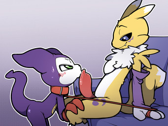 ambiguous_anthro ambiguous_gender angry animal_genitalia animal_penis anthro anthro_on_anthro armwear black_nose black_sclera blue_eyes blue_sofa blush blush_lines bodily_fluids canine_genitalia canine_penis clothing collar dipstick_ears dipstick_tail dominant dominant_male double_tomoe duo ear_markings erection fangs fingers fur furniture genitals gloves green_eyes hand_on_knee hand_on_leg handwear holding_leash holding_object interspecies kissing leaning leaning_backward leaning_forward leash leashed_collar looking_down looking_up_at_partner male male/ambiguous male_anthro markings mostly_nude mostly_nude_ambiguous mostly_nude_anthro mostly_nude_male multicolored_body multicolored_ears multicolored_fur outline penis penis_kissing pupils purple_armwear purple_body purple_clothing purple_tail red_clothing red_gloves red_handwear red_leash red_penis ruff saliva saliva_on_penis side_view sitting smile smirk sofa standing submissive submissive_ambiguous sweat sweaty_face tail tail_markings teeth tomoe_(symbol) two_tone_body two_tone_ears two_tone_fur two_tone_tail white_body white_ear_tips white_ears white_fur white_outline white_tail white_tail_tip yellow_body yellow_ears yellow_fur yellow_tail itsunknownanon bandai_namco digimon canid canine digimon_(species) impmon mammal renamon 4:3 hi_res female_(lore)