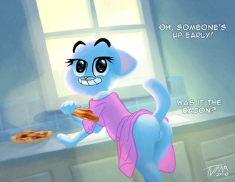 anthro bacon bent_over blue_body blue_fur breasts butt clothed clothing dialogue female food fur genitals looking_back mature_anthro mature_female meat pose presenting presenting_hindquarters raised_tail skimpy smile solo tail text vulva tvma cartoon_network the_amazing_world_of_gumball nicole_watterson domestic_cat felid feline felis mammal 2016 english_text